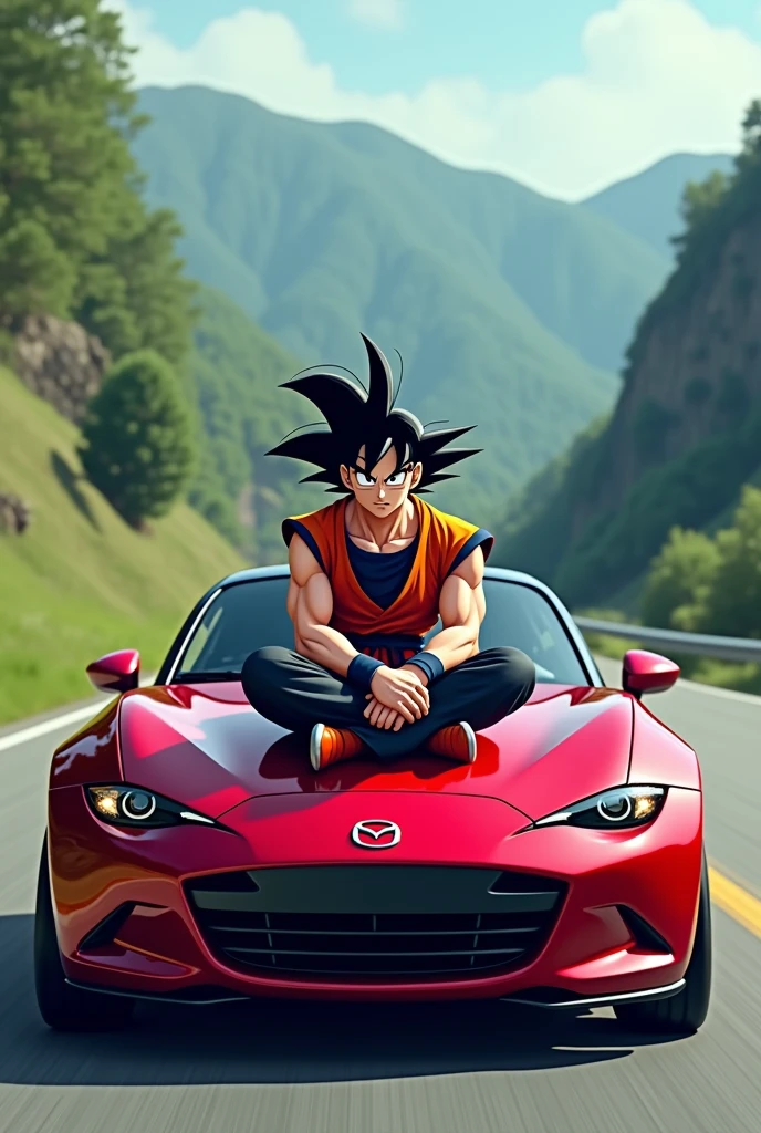 Anime Goku sitting on car mazda in cool way in real location of road but Goku in anime
