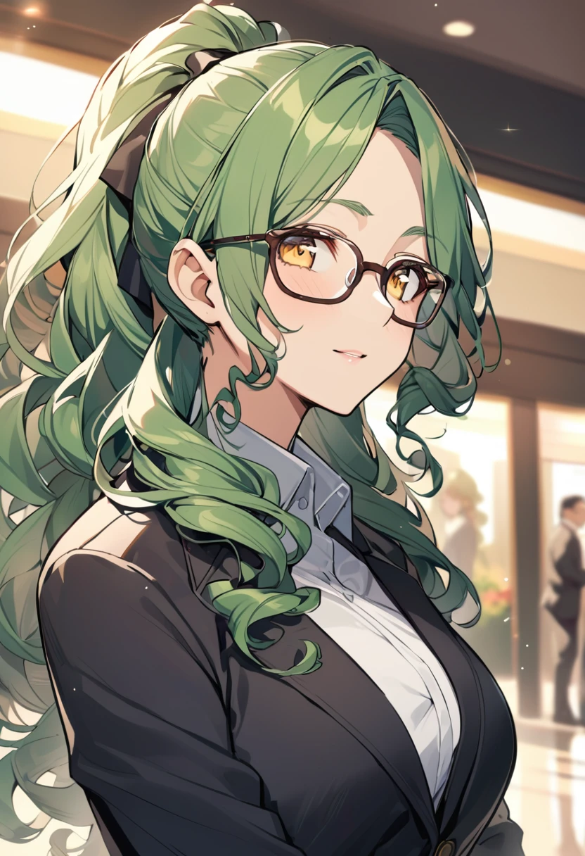 girl, mature, glasses, yellow eyes, green hair, long hair, curly hair, beautiful, ponytail, cute, president, adult