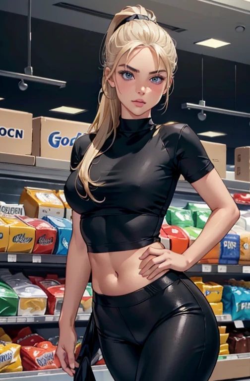 (A full body portrait of a gorgeous swedish girl in a grocery store,) (she has; a slight tan, blonde hair, bright blue eyes, ponytail, side bangs, golden tan, smooth skin, a small head to body ratio, small head, small face, youthful, small nose, light blue eyes, flawless face, round facial features, straight hair, thick eyebrows, flawless skin, sexy eyes, big upper lip, lip filler, wide lips, duck-like lips, plump lips, wide torso, thick thighs, wide hips, big hip bone, wide thigh gap, round plump breasts, plump butt, a queen of spade tattoo, sexy tattoo's,) (she is; wearing black clothes, black t-shirt with a logo, black matte tight pants, tight clothes, matte textured clothing, 'BLACKED' logo on shirt,) (body language; dynamic pose, flirtatious, cute, seductive, promiscuous, pouting lips,) (environment; swedish grocery store, colorful background, blurred background, cinematic lightning,) (high quality portrait, artwork, masterpiece, high resolution, 8k)