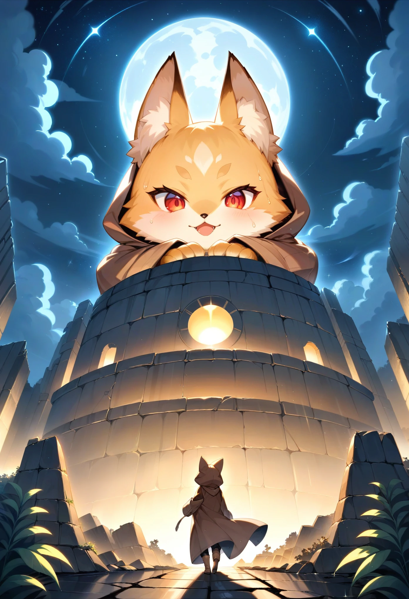 rating_safe, score_9, score_8_up, score_7_up, score_6_up, score_5_up, score_4_up, hires, highres, source_furry, cover page(kemono, furry anthro, boys, girls, fox, Golden fur, Golden yellow face fur, Red eyes, Brown elements on fur, Brown coat brown hood up)Plant elements in ruins, lichen, There is no other life, Night, starry sky, Vast landscape, moon full, meteors, Star cloud, Warm light source, Rained, wet clothes, overcast sky, Beautiful lights and shadows, Ambient light, Volumetric lighting, Dynamic configuration, Highly detailed and colorful details, luminous lighting, Atmospheric lighting, dream magical, magic, Glowing light,