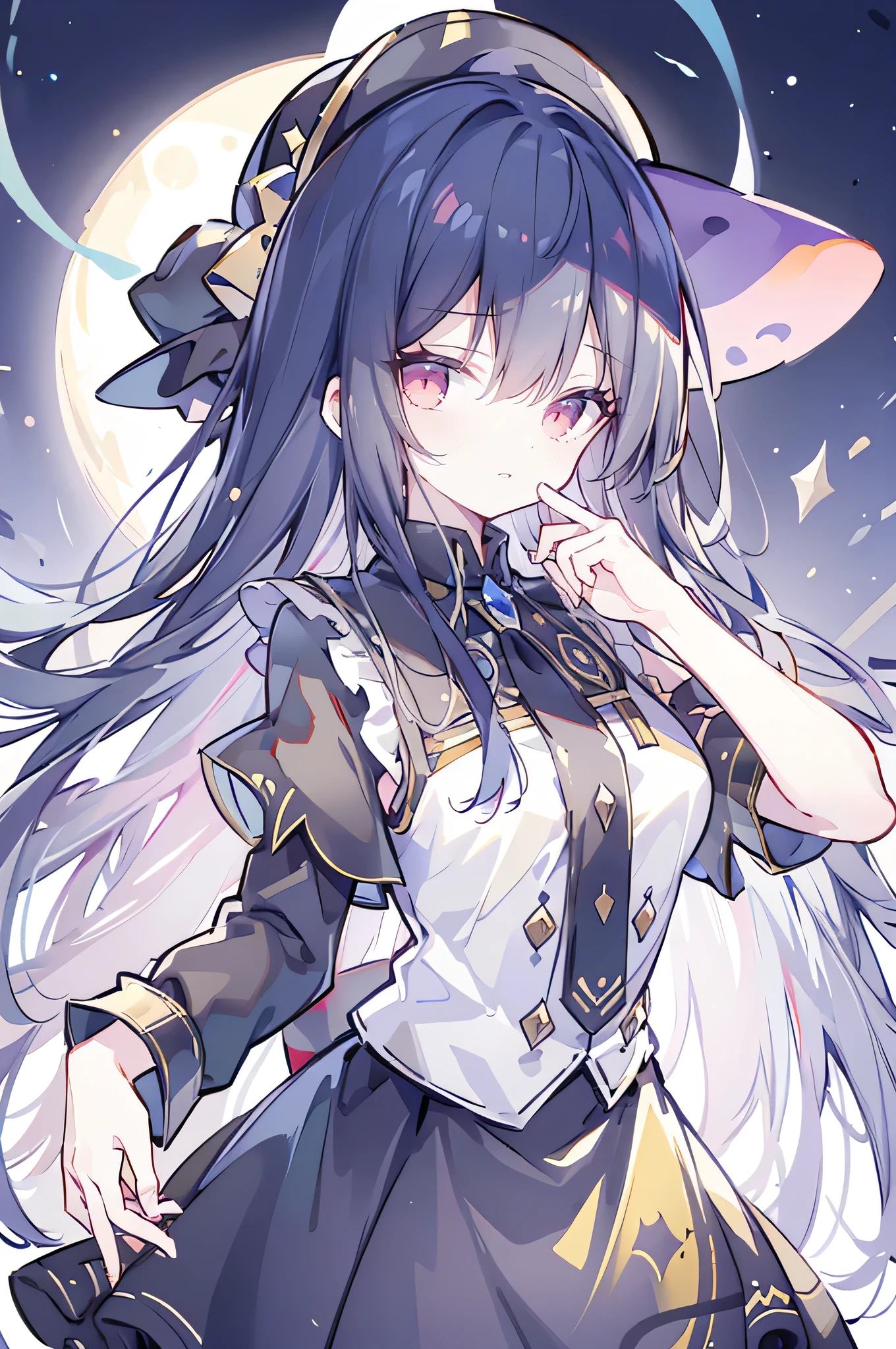 oung Girls,Humanity,A magician always smiles,big witch hat,cute,dark blue long hair,The eyes are dull,The bangs are heavy,Thin eyebrows,fantasy,intake,Double teeth,Star Theme,Constellation pattern,Solid color clothetal decoration,cloak,A bit of a dark atmosphere,A little crazy smile,When the big moon shines outside at night,blood,Hair black star embellishment,Short tie,No nails,High waist skirt,Bell sleeves,Long-sleeved shirt,Black tie,low risk,gentlemen。crap、Yellow and white effect,Shocking pink as an accent color,Big breasts,