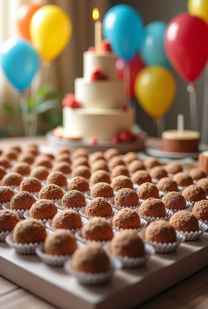 Create an image of 100 traditional Brazilian gourmet brigadeiros in their respective traditional white molds, with a birthday scene behind composing the brigadeiros. They should look like they were delivered to the end customer.