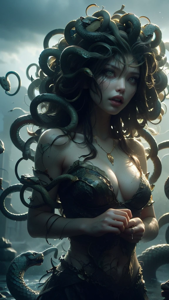 ((Create a photorealistic image of Medusa in ancient Greek times, set in a ruined temple with Roman-era elements)). ((Medusa is depicted as both hauntingly beautiful and terrifying, with a voluptuous body partially covered by intricate ancient Greek drapery)). Her skin has a marble-like texture with a faint, eerie glow, reminiscent of the cold stone she can turn her victims into.Her face is striking yet unsettling, with piercing green eyes that seem to glow, capable of turning anyone to stone. ((Her expression mixes sorrow and anger, reflecting her tragic curse)). (((Her lips are full, slightly parted, revealing sharp, serpentine teeth))). ((((Her hair consists of writhing, realistic snakes, varying in size and expression, some hissing with bared fangs)))),((The snakes are detailed with realistic scales in shades of green and gold, coiling around her shoulders and arms.))Medusa is adorned with ancient Greek jewelry, including golden armlets, a glowing gemstone necklace, and a waist chain that accentuates her figure. Her lower body is partially submerged in a dark, eerie pool within the overgrown temple. ((The water is dark and reflective, showing her muscular, scaled legs beneath the surface)).The temple is crumbling, with columns covered in vines and shattered statues of gods and heroes, some turned to stone by her gaze. The background features a dark, cloudy sky with occasional lightning flashes, casting dramatic shadows across the ruins. The Roman arches and carvings blend with the wild overgrowth, symbolizing the contrast between civilization and Medusa's wild nature.((Dim lighting highlights Medusa’s upper body, face, and snakes, with eerie shadows enhancing the scene)). The glowing gemstone and lightning flashes serve as the primary light sources, adding to the foreboding atmosphere. ((Medusa is portrayed as a figure of tragic beauty and terror, with every detail emphasizing her mythic power)), ((((NFSW Art))))