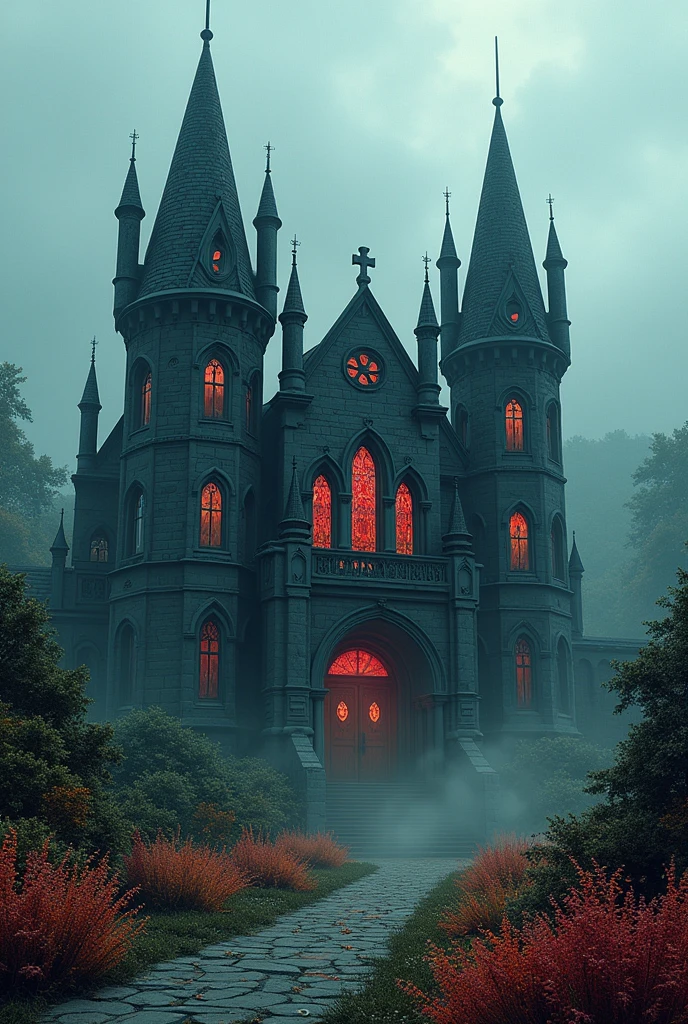 A gothic academy called, situated in an isolated, supernatural region with pointed towers of black stone covered in red runes and deformed gargoyles. It's dense fog, the windows are arched with disturbing stained glass. Beautiful, vibrant vegetation contrasts with the style of the gym.
Comic book 2d style