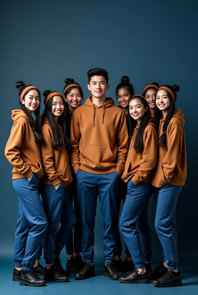 Create a full body eight beautiful Thai's women's smiling wearing a brown hoodie and blue cargo pants with brown headband and black beautiful adidas shoes, black long braids hairstyles and also 1 handsome man wearing a brown hoodie and blue cargo pants black beautiful shoes standing dark blue background and the background has black written " Team fhyrrah moderator" looking at the camera. Photography 