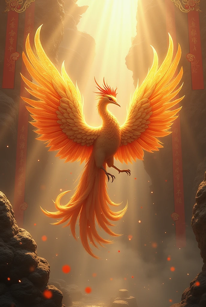 Mythical creatures,((Golden Phoenix of Chinese Mythology)),Traditional Chinese Elements,Ancient murals,Examples of myths,The Legend of Fuyao,Spotted Light,Hazy haze,Mysterious Aura,masterpiece,khd,Colorful,Detailed explanation,Seven Colors