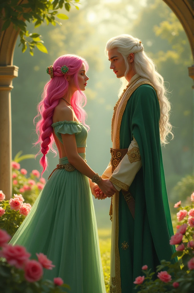 A love story between the slave and prince. The slave is so beautiful and playful and she is so shy and cute.. she has so wired hair color.. it's pink and lower half green. Her hair three thick braided.. she was working on the garden and looking so beautiful and prince was walking there and watching her.. prince was so beautiful and handsome too.. he has long white hair and yellow eyes. He watching her enjoying herself.. and then walk up to her and grab her hand and start to talking calmly, "this morning is beautiful, isn't it, beautiful?" She blushes and look at him and unable to talk..