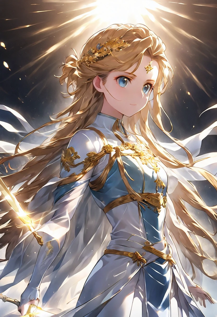 "An anime-style illustration of a strong, radiant female warrior standing confidently, with her entire body visible. She is adorned in gleaming armor with golden accents that reflect the light, and her long flowing hair glows with an ethereal, almost divine light. Her eyes are bright and determined, embodying the essence of courage and bravery. She holds a glowing sword in one hand, with light radiating from the blade, symbolizing her connection to the power of light. The background is a bright, celestial scene with beams of light shining down, casting her in a heroic aura. The overall design should evoke a sense of strength, hope, and the power of light, making it a perfect fit for the 'Brave Music' YouTube channel. The character should be depicted in full-body view, standing tall and confidently."