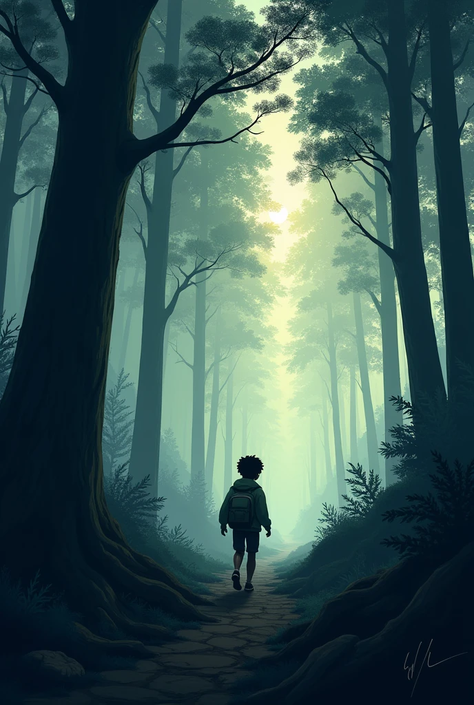 Un jeune garçon, Max, marche sur un sentier étroit et sinueux dans la forêt. Les arbres forment un tunnel de feuillage, et la lumière du jour diminue, laissant place à une brume légère qui commence à se lever.