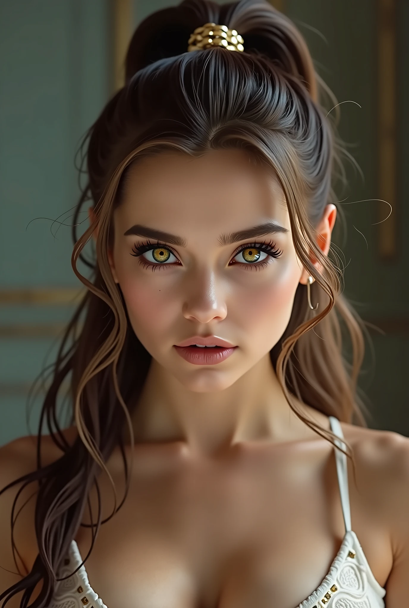 ponytail, ponytail, High resolution, Biting one&#39;s lip, Barrette, (Large Breasts), sexy,Golden Eyes, Background blur, Optical illusion, 
