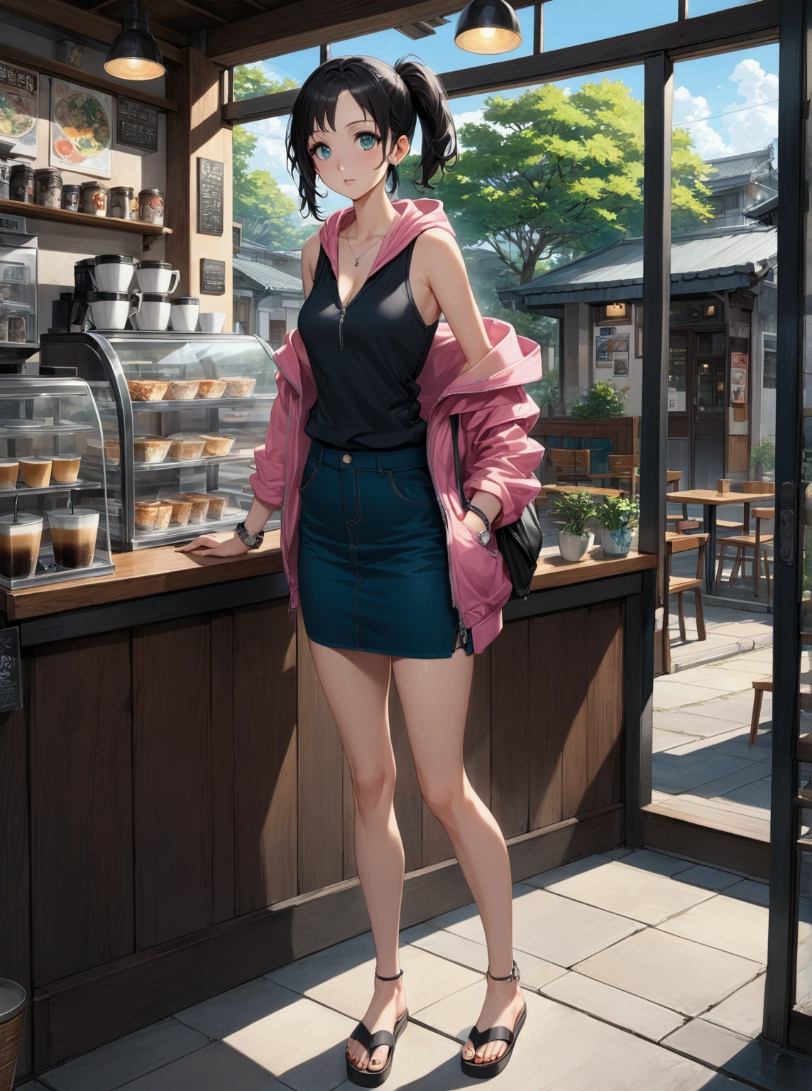 realistic anime illustration of pretty woman, (black hair, forehead, one side up, short hair), at outside the coffee shop, wears pink sleeveless v neck jacket hoodie, black tanktop under hoodie, dark teal-blue denim pencil mini skirt, white-black sandals, bare arms, silver wristwatch (1girl, solo, full body, front view), (masterpiece, best quality, japanese anime style), (expressive eyes, perfect face, perfect body),
