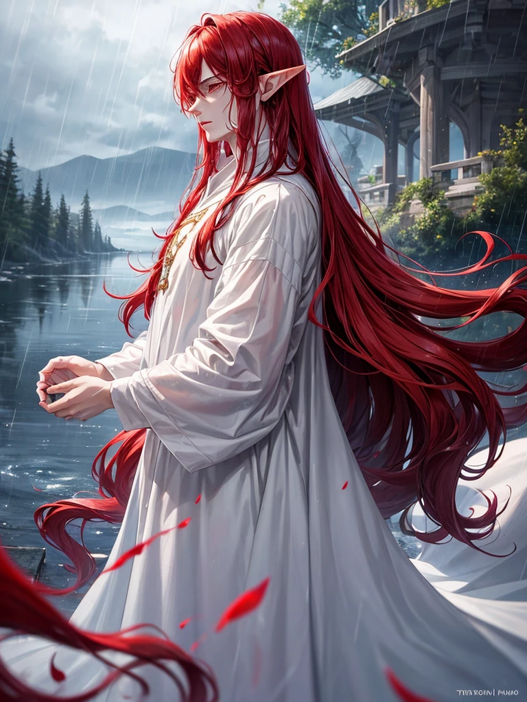 1 male, adult male, elf, red hair, long hair, red eyes, white clothes, long white cloak, plump lips, straight nose, cloudy sky, rain, wet hair, wet clothes, detailed background, deep blue lake