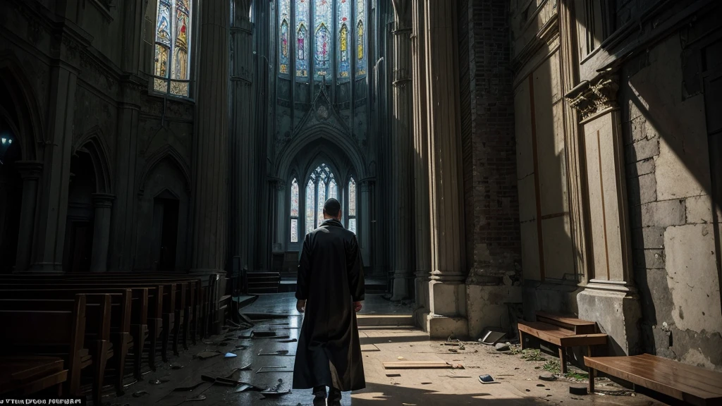 A church stands nearly empty, surrounded by crumbling faith. Believers are walking away, leaving only a few who remain steadfast. The scene is set in a modern, urban landscape, with subtle hints of spiritual decline and worldly ideologies encroaching upon biblical truths