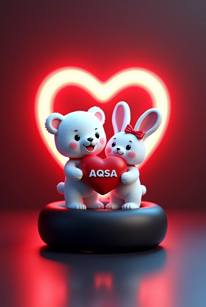 A 3D render of a white teddy bear and a white bunny rabbit wearing a red bow holding a red heart "AQSA" written on it in Capital alphabets, are standing in a black bracelet. The bracelet is sitting on a dark red and blue surface with a neon red heart shape in the background. The image is in the style of a cute cartoon.