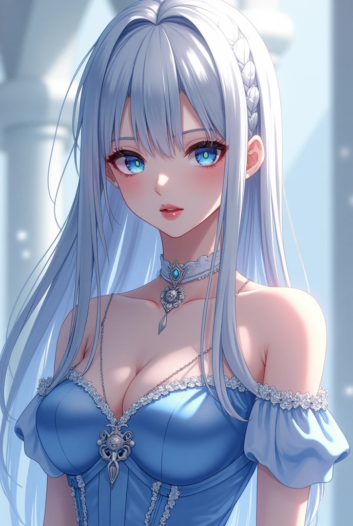 Anime style age girl, height of 1.70m, de cabello largo beautiful, elegant, well-groomed and combed silver-colored hair, with long straight bangs, delicate face, beautiful, fino y elegant, with a cold and serious look, sharp-eyed, finos y elegants de color arcoiris (the seven colors in each eye), with long eyelashes, Thin neck, with white and smooth skin, Red lips, with straight posture, fina y elegant, She is wearing a royal dress worthy of, elegant, fine light blue, Marking and showing her big breasts, with a thin waist and big hips.