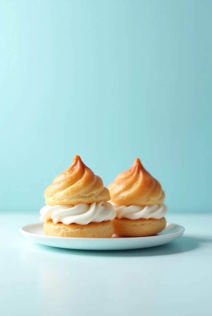 two medium profiterole in a little plate in a white table and a light blue background