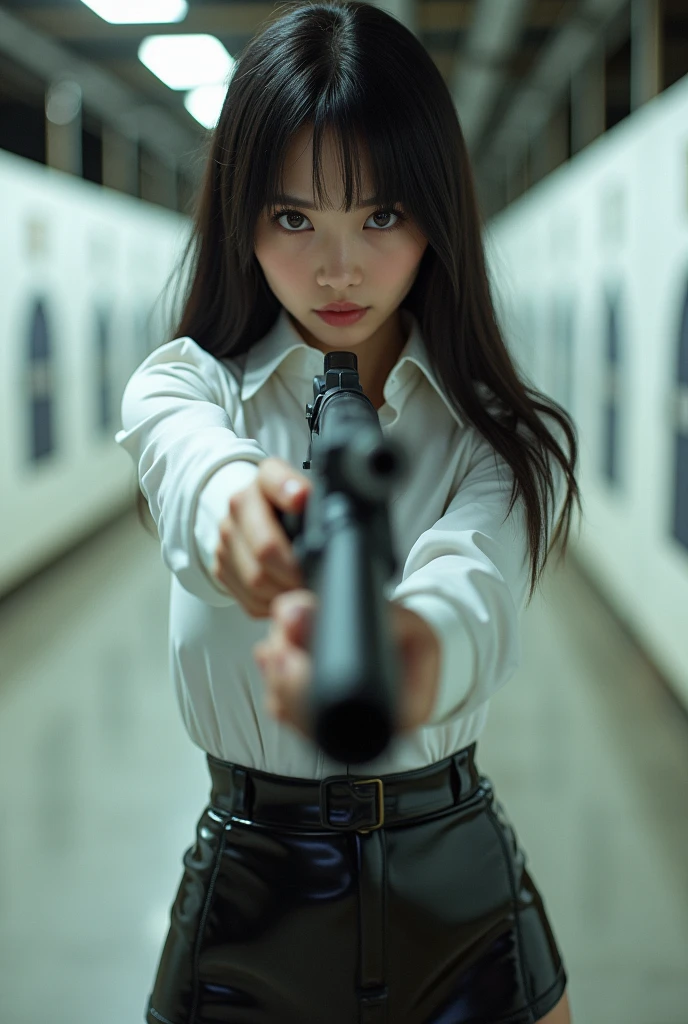 beautiful sweet big eyes office lady korean white shirt latex low mini skirt standing legs spreading firing rifle gun toting aiming full portrait shooting range gun point at you target practice front facing with shotgun
