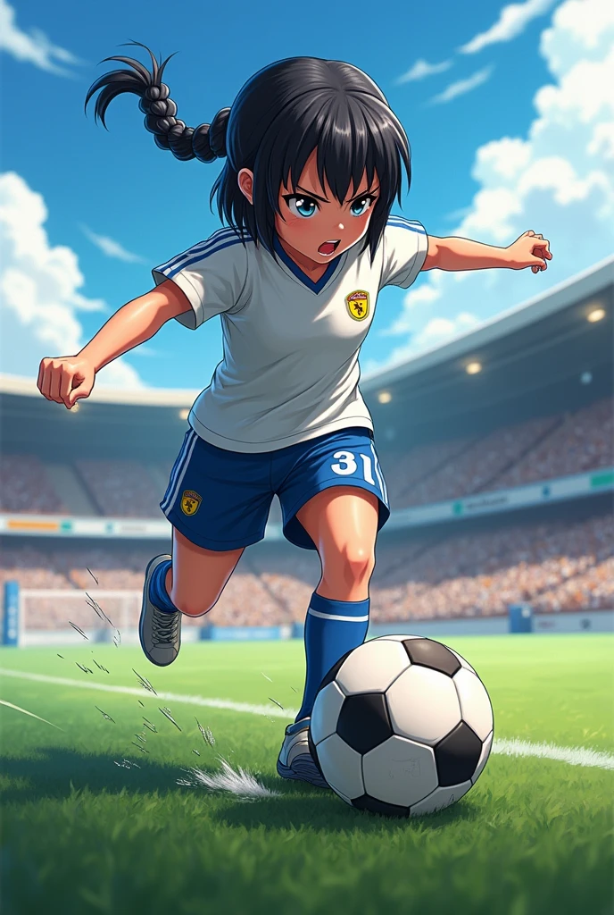 (whole body、from the front)、((One Girl:1.2、Little:1.2))、Black Hair、Big Blue Eyes、Braided Bob、Decisive moment、The moment he kicks the soccer ball very hard with his right foot:1.2、(A shaking ball and a right foot:1.2, speed-line)、The background is a football stadium