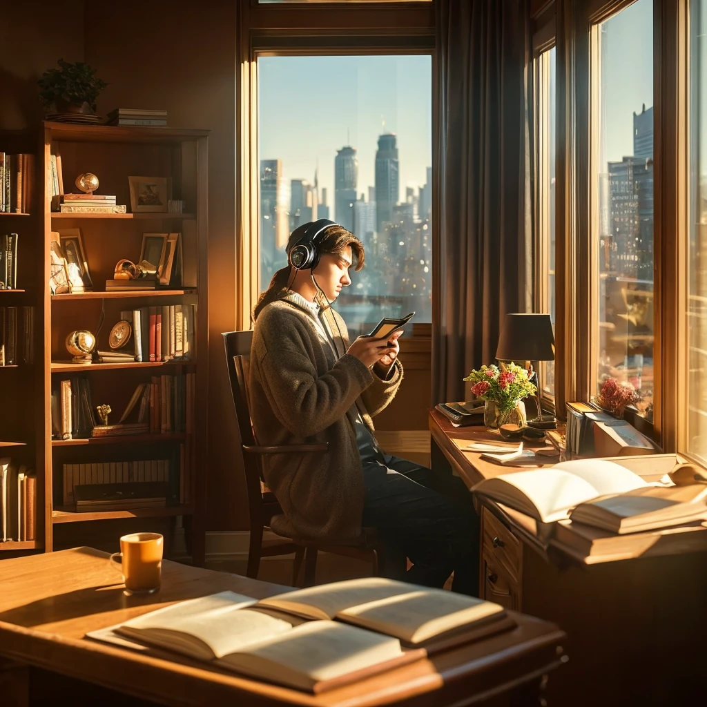 "Create an image featuring a character sitting at a desk with headphones on, in a cozy room with warm lighting. The room should have elements such as books, decorations, and a window showing either a cityscape or nature. The atmosphere should be calm and inviting, suitable for studying or relaxing. Include soft shadows to enhance the warmth of the scene."