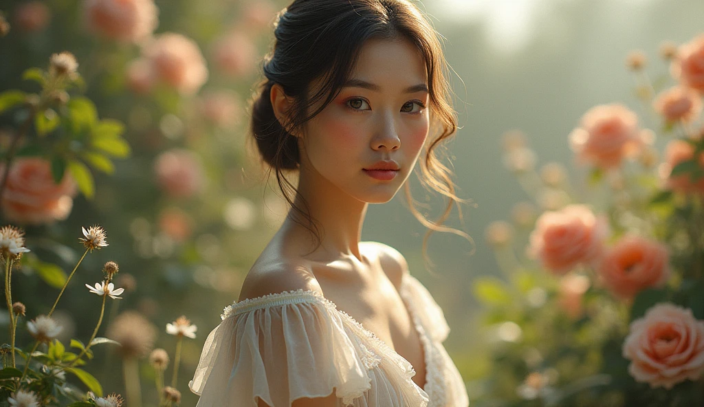 beautiful young woman in a garden, 1girl, detailed facial features, delicate skin, long elegant dress, serene expression, soft lighting, pastel colors, intricate floral background, cinematic composition, dramatic lighting, hyper realistic, award winning digital art, ethereal atmosphere, stunning details, vibrant colors, lush environment, photographic quality, elegant pose