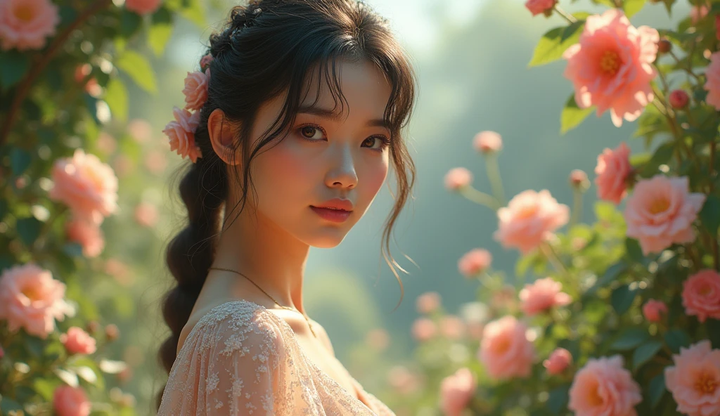 beautiful young woman in a garden, 1girl, detailed facial features, delicate skin, long elegant dress, serene expression, soft lighting, pastel colors, intricate floral background, cinematic composition, dramatic lighting, hyper realistic, award winning digital art, ethereal atmosphere, stunning details, vibrant colors, lush environment, photographic quality, elegant pose