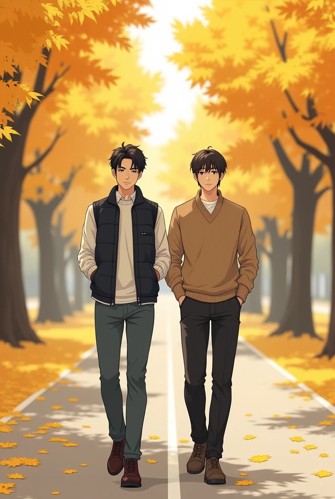 Mature manhua drawing style like Chinese comics: Two boys were walking side by side on a beautiful road in the middle of autumn., two rows of yellow leaves. Một chàng trai mặt vest và một chàng trai mặt áo gile và áo sơ mi