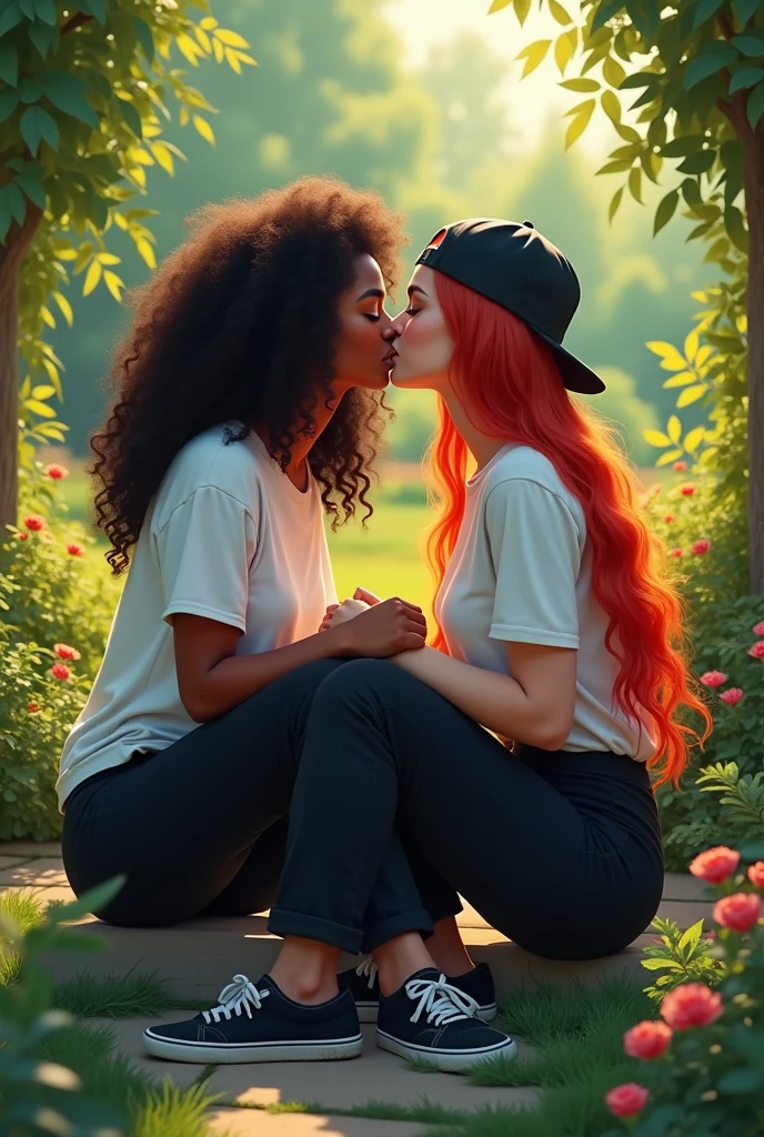 Two women holding hands, not so realistically, are sitting and kissing in a garden. The first girl has well-defined, voluminous curly hair that falls to her shoulders and has dark skin., your clothes are black pants, loose white t-shirt and black sneakers, The second girl has long red hair and a backwards cap. , your clothes match the first girl
