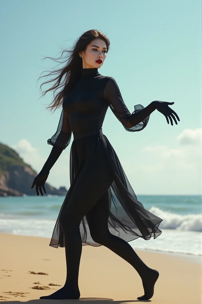 A very attractive female mime. On the beach doing mime things. Very realistic. 4k.