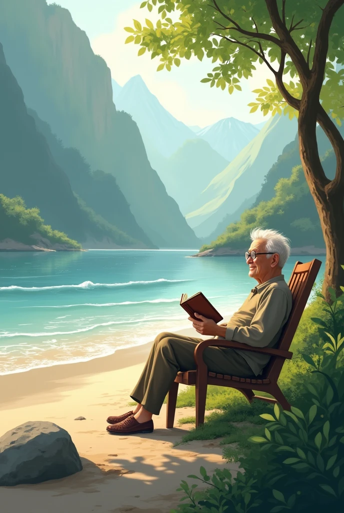 Retired elderly person enjoying a quiet and safe life in a relaxing environment such as a beach or mountain.
