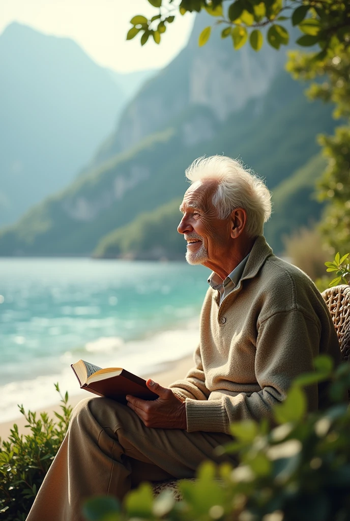 Retired elderly person enjoying a quiet and safe life in a relaxing environment such as a beach or mountain.