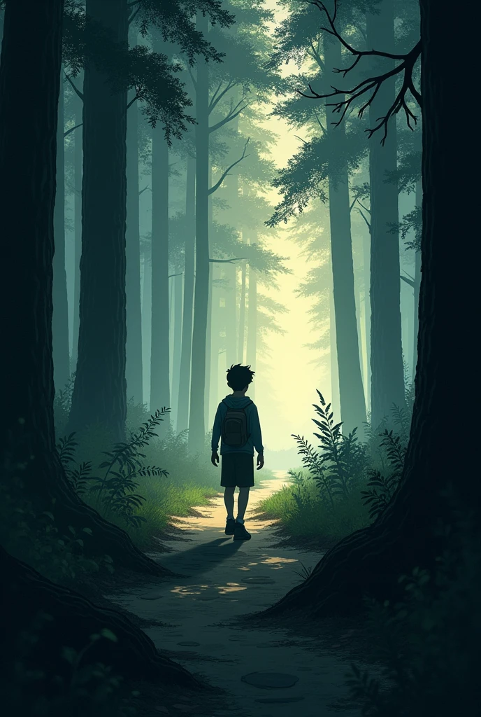Un jeune garçon, Max, marche sur un sentier étroit et sinueux dans la forêt. Les arbres forment un tunnel de feuillage, et la lumière du jour diminue, laissant place à une brume légère qui commence à se lever.