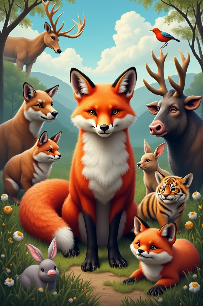 A red painted fox. Around that fox there are deer, elk, rabbit, buffalo, tiger, boar, pig and bird.  There is a lion in the distance..