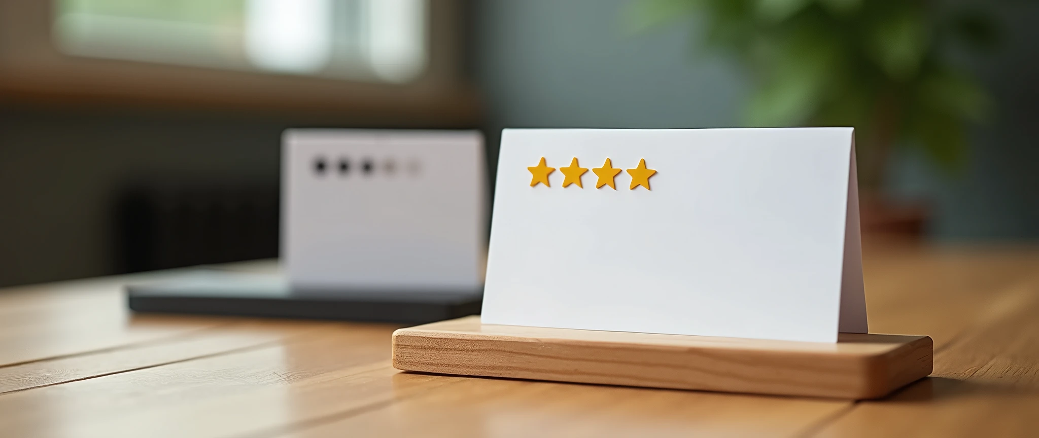 In a wooden table i want a photo of a google review stand and 2 cards one black and 1 white