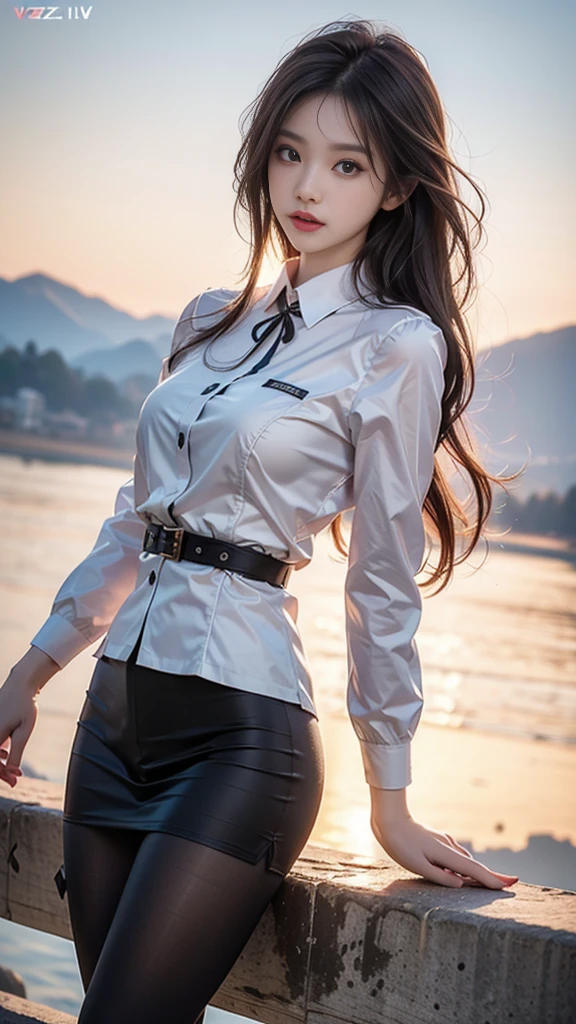 ulzzang-6500-v1.1, (RAW photo: 1.2), (Real photo), (Real photo: 1.4), 1 girl、Perfect anatomy、1、Looking at the camera、Medium length hair、Uniform dress, watching the sunset, ((in the mountains: 1.1))、(Hyperrealistic tights: 1.2), (Business service)、Asian eyes Ella,