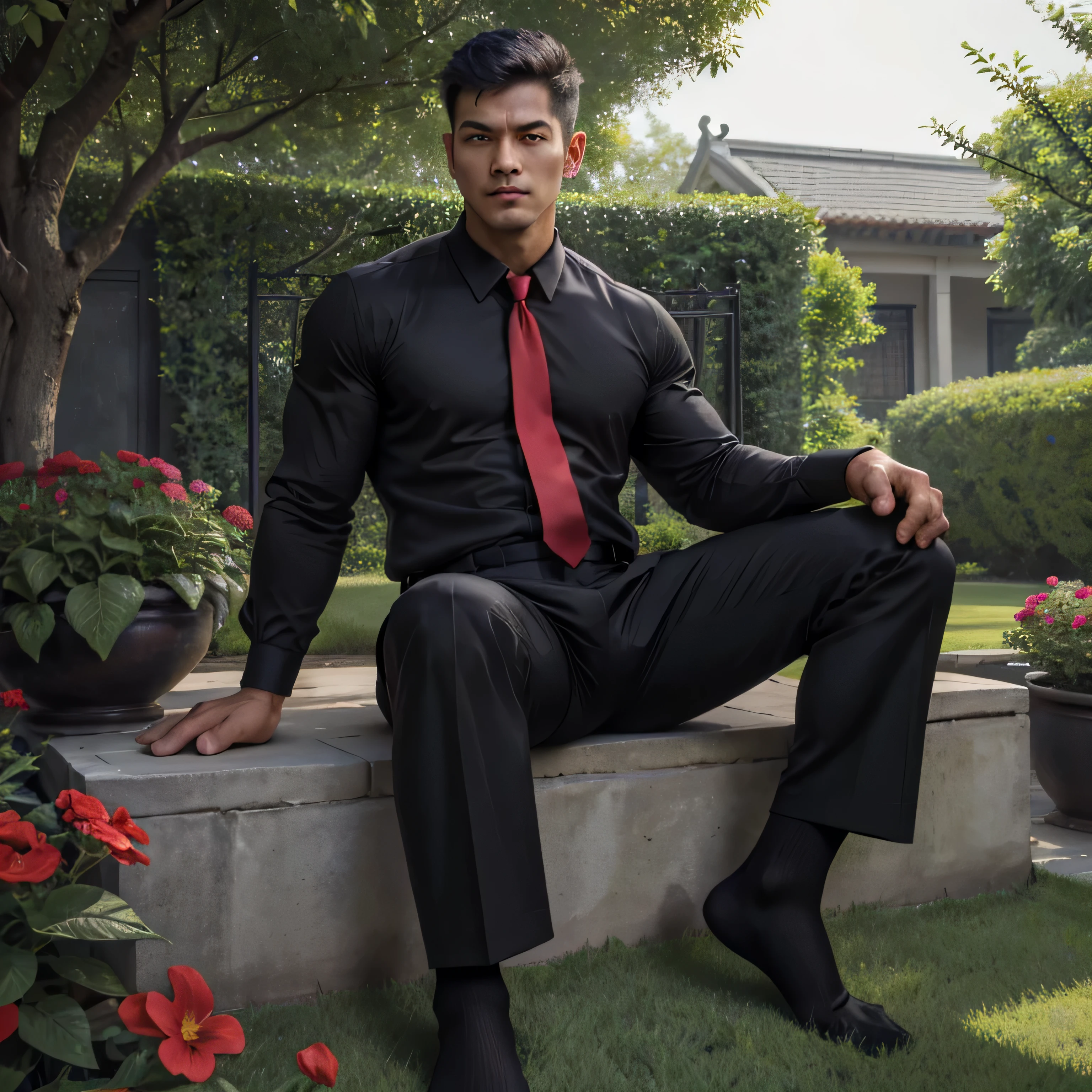 3,One Man,、Handsome。Black Shirt、Red tie、、Dhaka - Fighters、garden。The shade on the lawn、logic,Gay ,Very short hair、　,Asian Face,、　Handsome　　　Menacing look　　Black trousers　Black socks　Show the soles of your feet