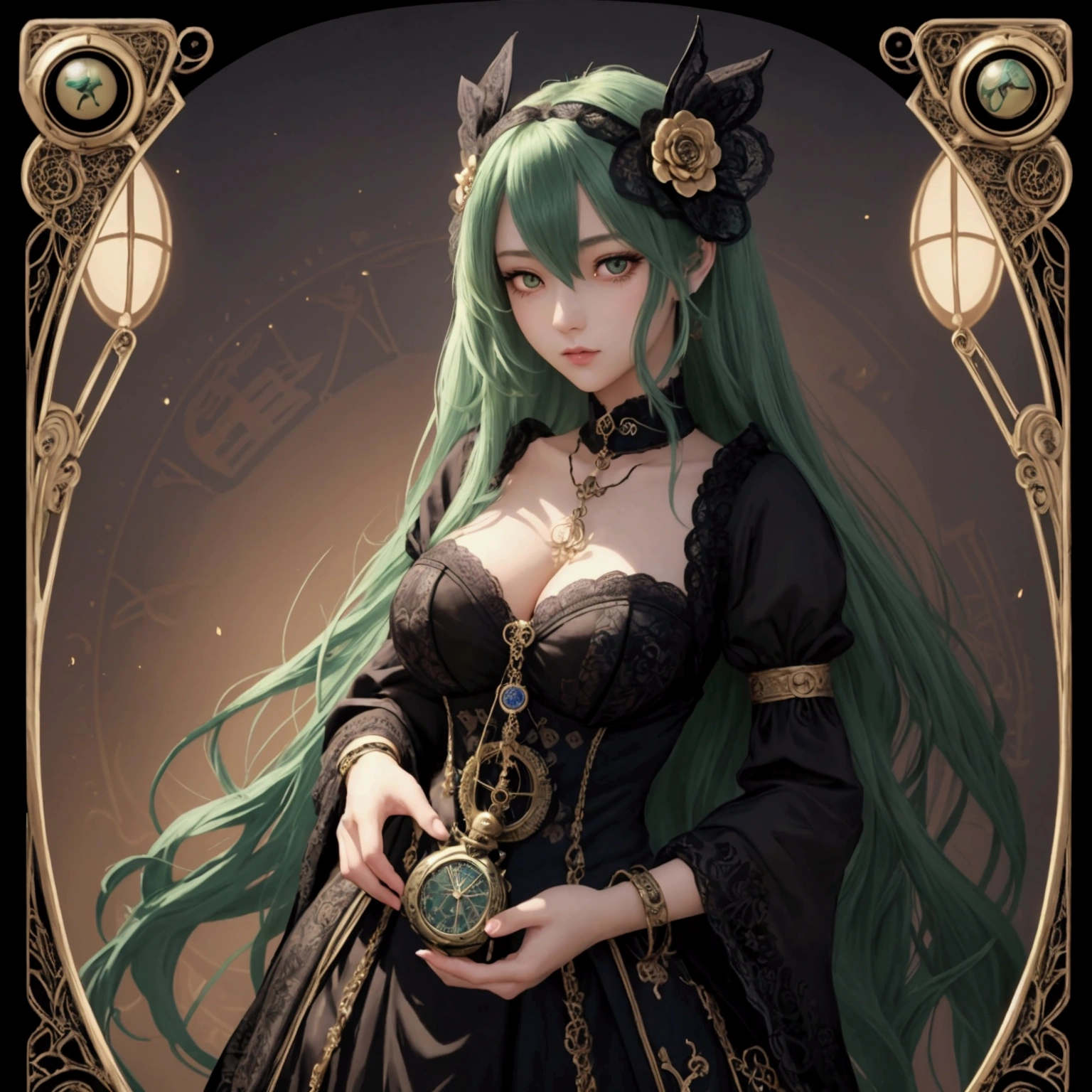 masterpiece, best quality, 1girl, highres, absurdres, maxres, hd, Waifu trading card back design, green-haired girl, black lace eye mask, holding pocket watch and tarot cards, question mark in background, kind and gentle expression, fantasy anime style, intricate details, vibrant color, abstract elements, floral accents, clockwork theme, flowing hair, detailed outfit, dynamic composition, high contrast, sharp lines, soft lighting, elegant accessories, mystical aura, heart gems