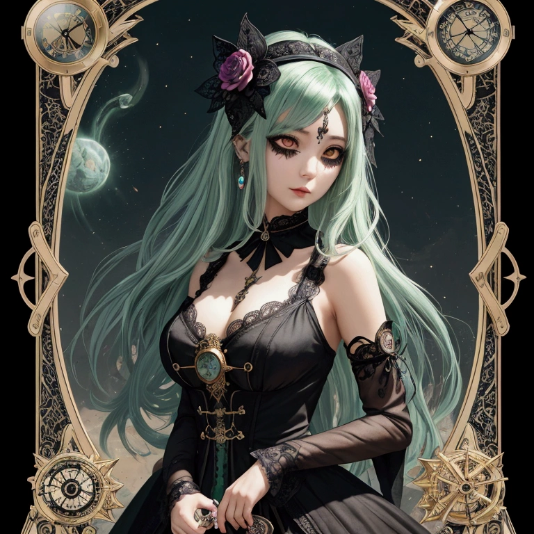 masterpiece, best quality, 1girl, highres, absurdres, maxres, hd, Waifu trading card back design, green-haired girl, black lace eye mask, holding pocket watch and tarot cards, question mark in background, kind and gentle expression, fantasy anime style, intricate details, vibrant color, abstract elements, floral accents, clockwork theme, flowing hair, detailed outfit, dynamic composition, high contrast, sharp lines, soft lighting, elegant accessories, mystical aura, heart gems