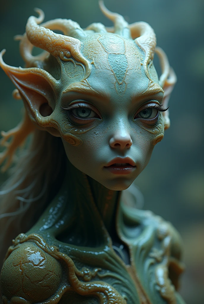 (focus on a hauntingly beautiful bioengineered creature:1.2),Human-like alien landscape, smile face, colorful dark unfocused background, (ultra resolution:2), detailed masterpiece.