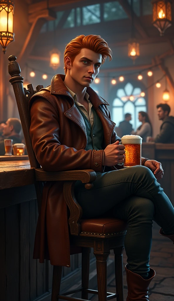 Human male from baldur's gate, best quality, ultra-detailed CG unity 8k wallpaper,       sitting in barstool, high resolution, dynamic pose, dashing face, (fancy leather attire, green eyes), depth of field, tavern setting, night), (high fantasy) (ginger Hair, stylish hair), light skin, hold a mug of mead