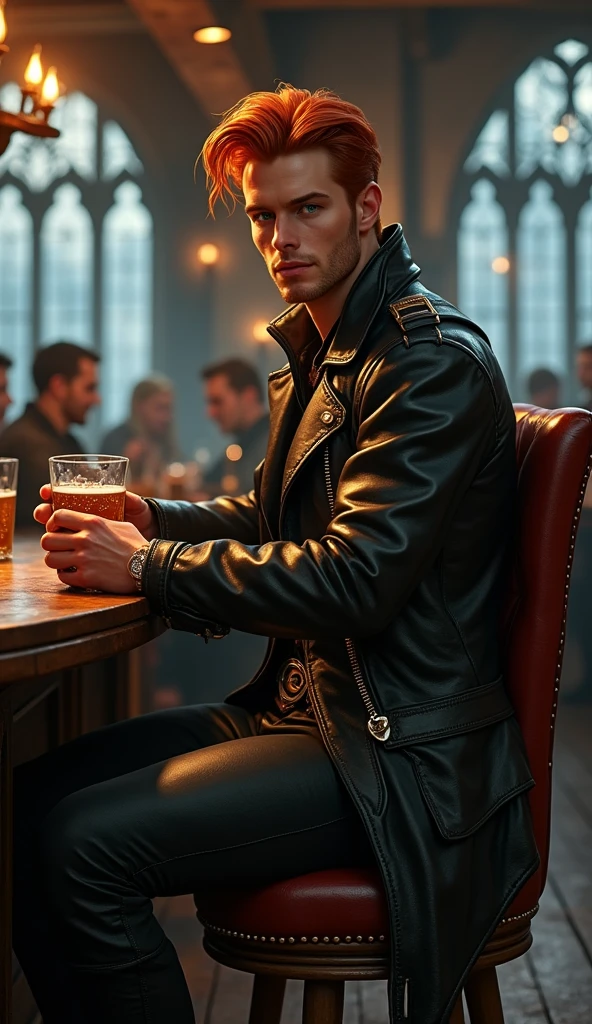 Human male from baldur's gate, best quality, ultra-detailed CG unity 8k wallpaper,       sitting in barstool, high resolution, dynamic pose, dashing face, (fancy leather attire, green eyes), depth of field, tavern setting, night), (high fantasy) (ginger Hair, stylish hair), light skin, hold a mug of mead