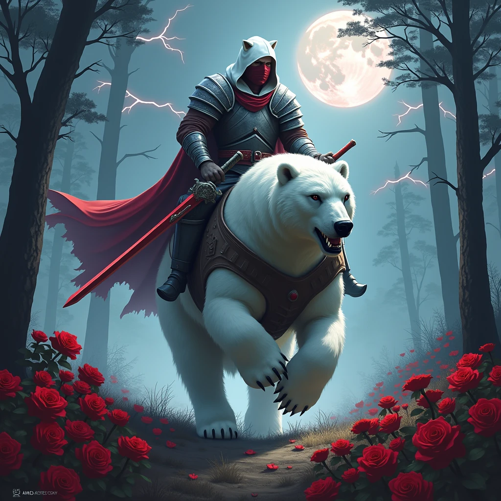 Male knight with a white hood with bear ears wielding a red double-edge sword is riding a polar bear in a forest while the moon shines, many Roses cover the ground and lightning falls from the sky. The polar bear has black eyes and an aggressive appearance, his body is armored. Only the man wears a red blindfold. In the background of the picture is the blood moon. The forest is full of trees with leaves.