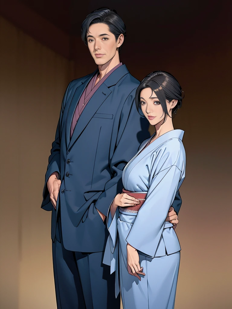 Double,Japanese Wind,Photorealism,detailed,masterpiece,Mature,Gentle men in suits and big-breasted women in kimonos,Smile,Standing,short hair