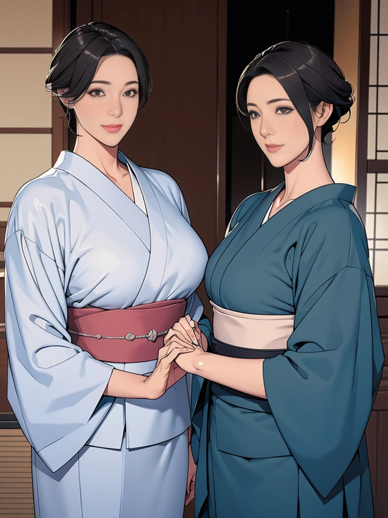 Double，Japanese Wind，Photorealism，detailed，masterpiece，Mature，Gentle men in suits and big-breasted women in kimonos，Smile，Standing，short hair
