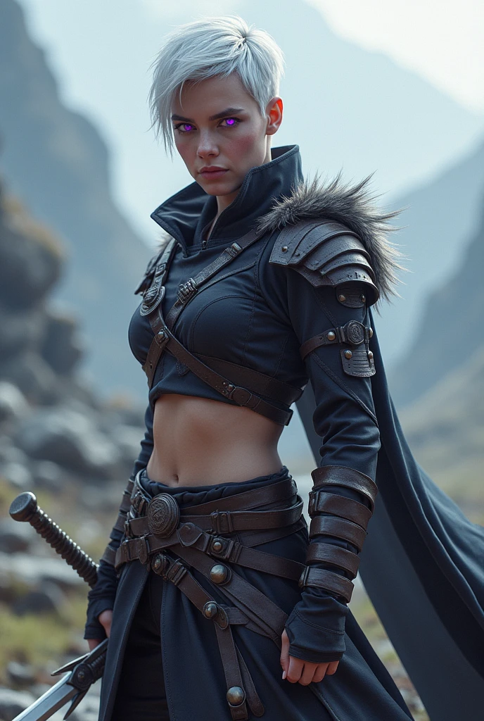 Valkyrie with white hair pixie cut hair style, great physique, great beauty, wearing a basic adventure outfit, carrying a long sword, deep purple eyes 
