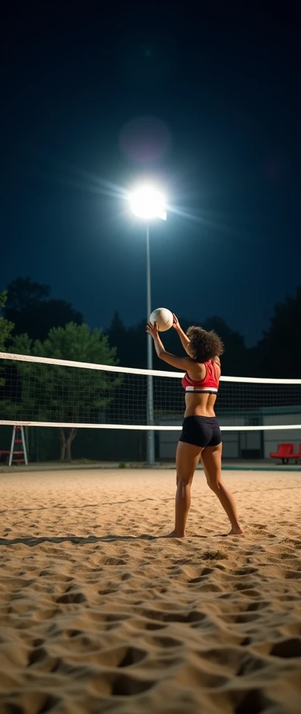 A high-quality, professional DSLR photo of a single player on a sand volleyball court at night, captured mid-action as they prepare to spike the ball. The ambient lighting from overhead floodlights casts soft, dramatic shadows on the sand, highlighting the intensity and detail of the scene.
