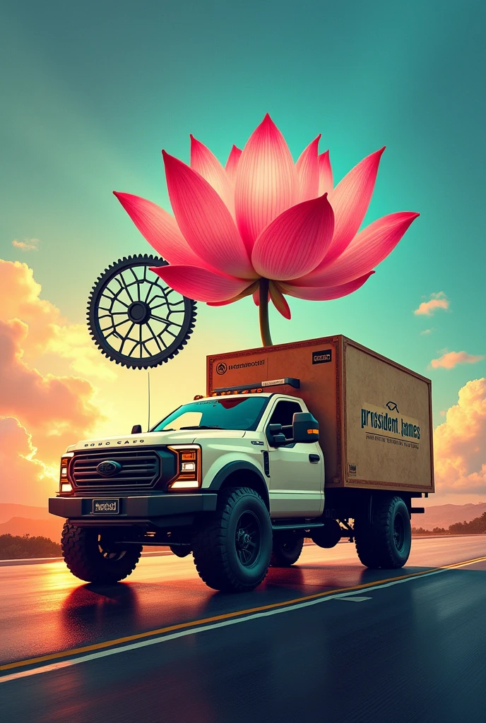 A poster of a pickup truck with a parcel delivery box with the words "President James wants something cool" and a lotus flower with a cogwheel.