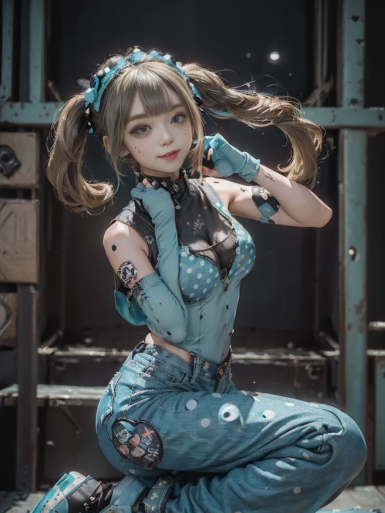 (whole body画像:1.2)、(whole body:1.3)、(Smiling with teeth showing:1.3),(Shibuya Gal:1.5)、(gothic style fashion:1.5)、(Maid cafe style:1.5)、(Wearing a rhythmic gymnastics bodysuit with intricate details:1.4)、(Elaborate turquoise racing suit and pants, Denim and charcoal decoration:1.5)、(Denim with light blue and turquoise boots:1.3)、((belt))、(A number of subtle logos are featured throughout the costume々:1.4)、(collar:1.3)、(Polka dot underwear:1.5)、20-year-old、Browsing Caution、((Highest quality、In 8K、masterpiece:1.3))、Sharp focus:1.2、(Layered Cut、Huge boobs:1.1),Beautiful woman with perfect figure:1.4、(do a gravure pose:1.3)、Slim Abs:1.2、Highly detailed face and skin texture、Detailed eyes、double eyelid,(Twin tails:1.3)、(Brownish golden hair:1.3)、Idol Sculpture、(The background is the stage for a fashion show:1.3)、(The body is slim:1.3),(Slimming your legs:1.4),（clavicle:1.1）