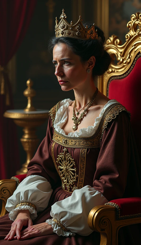 The queen in her royal chamber, looking weary and ill, with signs of her serious condition evident