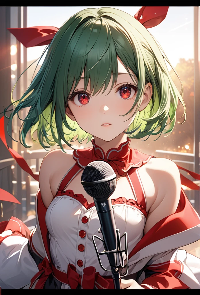 Short hair,Straight Hair、 (Red eyes:1.5),  Green hair,(Small breast:1.2), BREAK looking at viewer, BREAK outside, BREAK (masterpiece:1.2), best quality, high resolution, unity 8k wallpaper, (illustration:0.8), (beautiful detailed eyes:1.6), extremely detailed face, perfect lighting, extremely detailed CG, (perfect hands, perfect ???????)、Idol Costumes、Microphone in right hand、Red ribbons on both wrists、