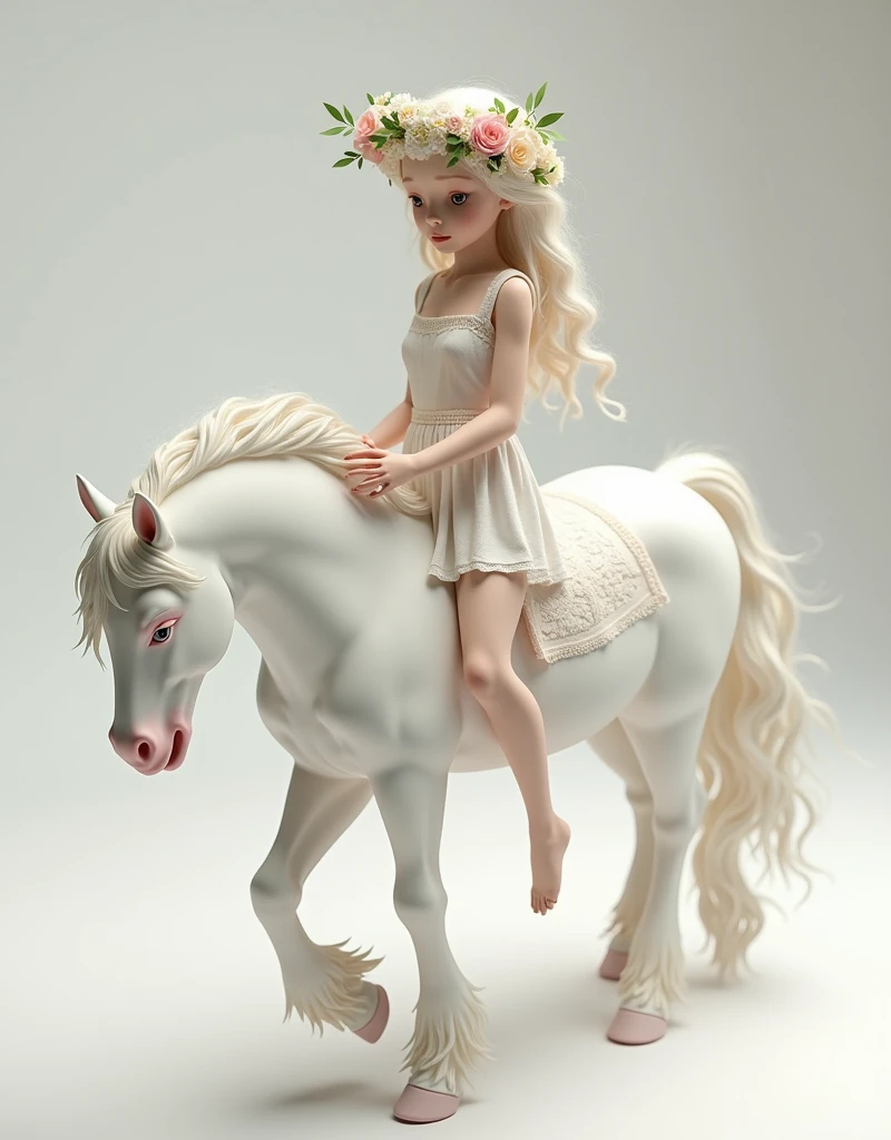 (Sagittarius Porcelain Doll)、(Girl Centaur Statue)、(The upper half of her body is a beautiful human girl, and the lower half is a beautiful white-furred pony.:1.2)、(A beautiful girl's body is attached to the body of a beautiful white horse.)、(I don't need a horse's head_Instead, please connect the girl's torso and above._I don't need the girl's legs.)、(Full body portrait)、Weaving beautiful flowers to make a flower crown、(No supports needed)、Fantastic and dreamy, Dream Style, bucolic、Fairytale、Blank Background、A plain background、3d、